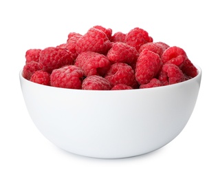 Bowl of delicious fresh ripe raspberries on white background