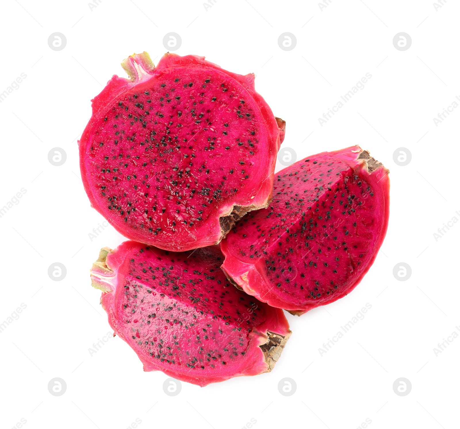 Photo of Delicious cut red pitahaya fruit on white background, top view