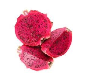 Photo of Delicious cut red pitahaya fruit on white background, top view