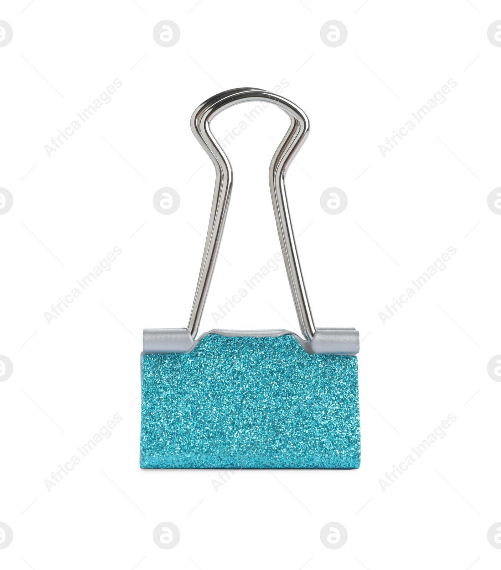 Photo of Turquoise binder clip isolated on white. Stationery item