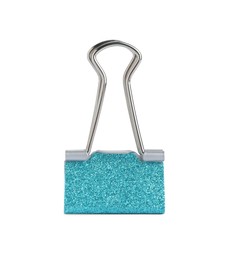 Turquoise binder clip isolated on white. Stationery item