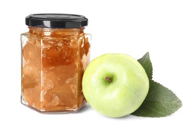 Photo of Glass jar of delicious apple jam and fresh fruit isolated on white