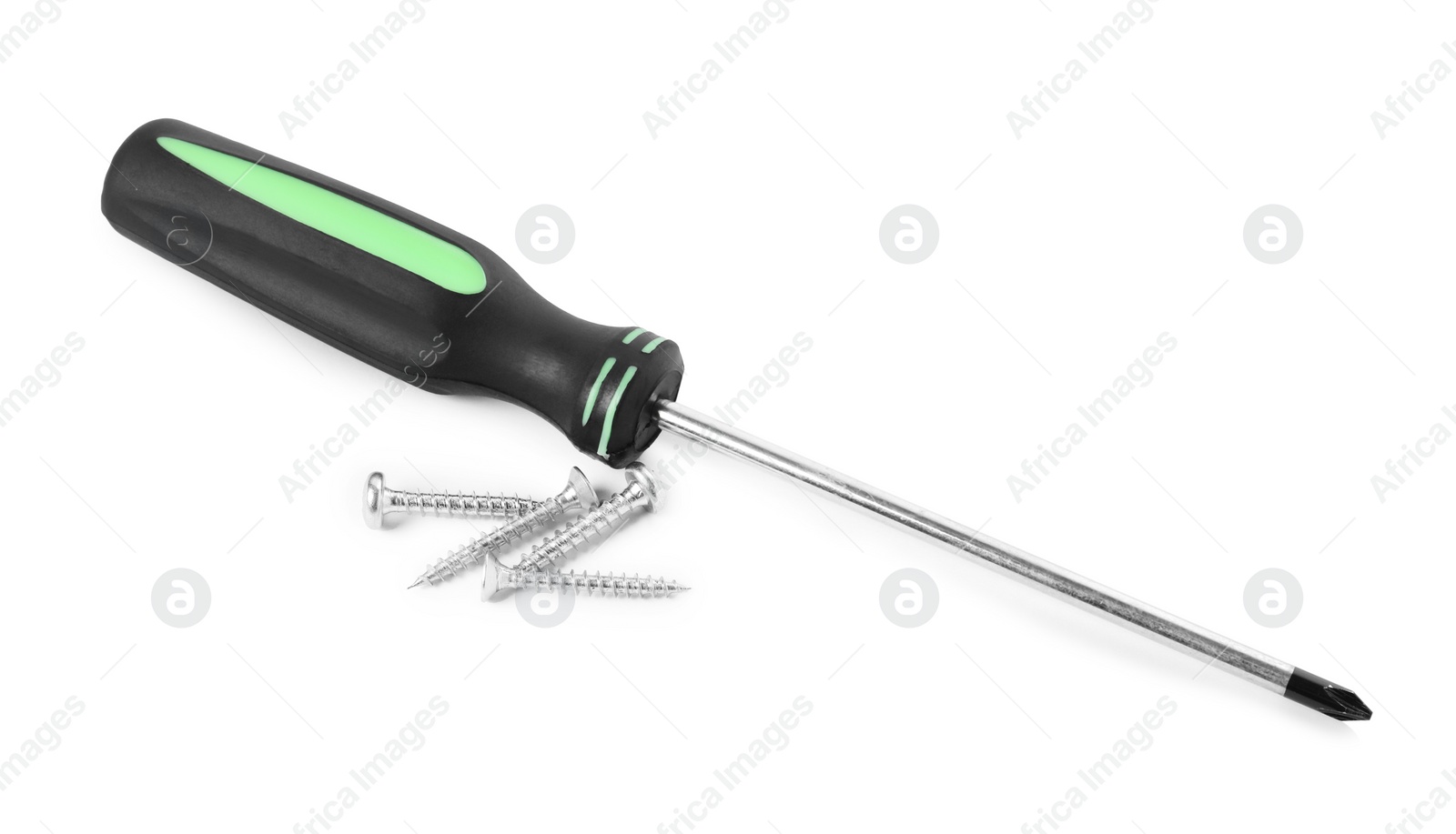 Photo of Screwdriver with black handle and screws isolated on white