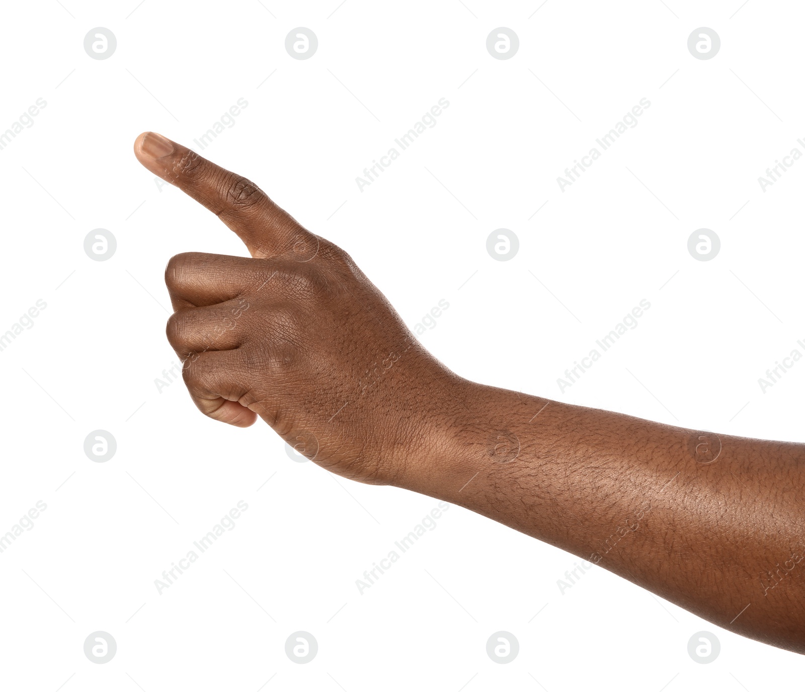 Photo of African-American man pointing at something on white background, closeup