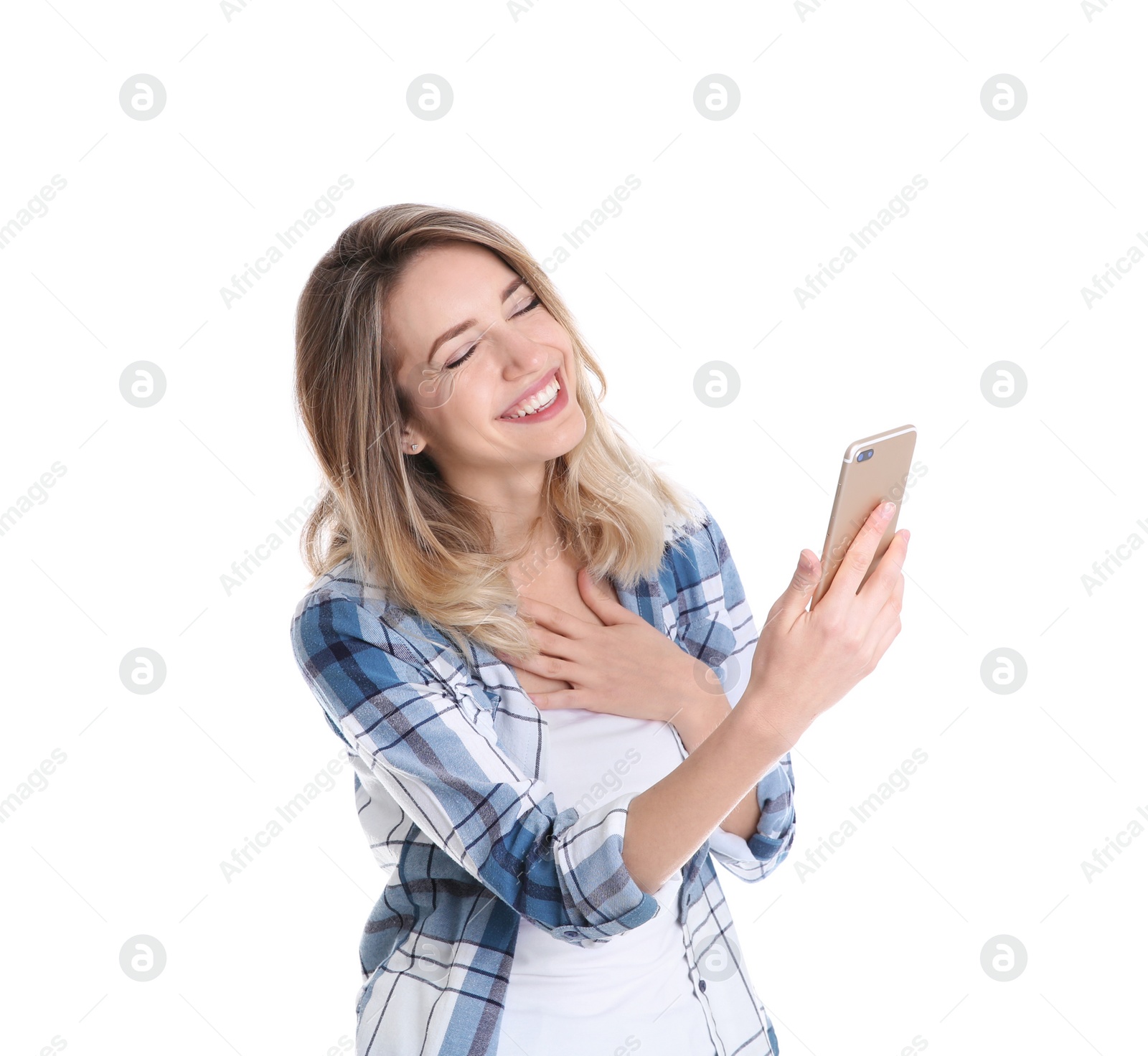 Photo of Woman using mobile phone for video chat isolated on white