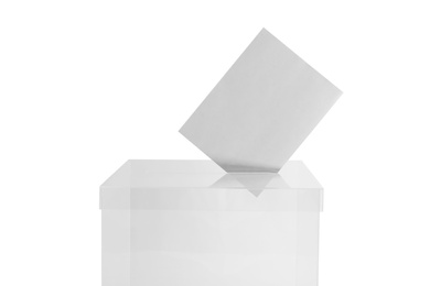 Photo of Ballot box with vote on white background. Election time