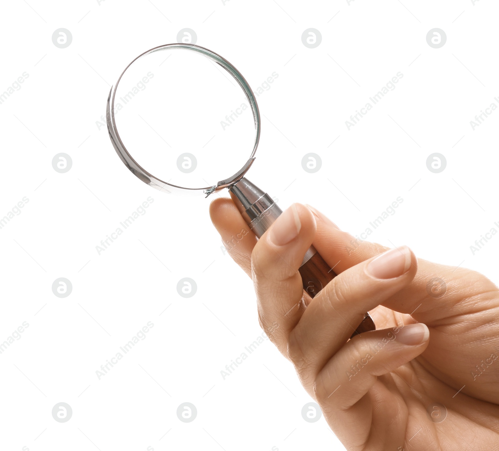 Photo of Woman holding magnifying glass on white background, closeup