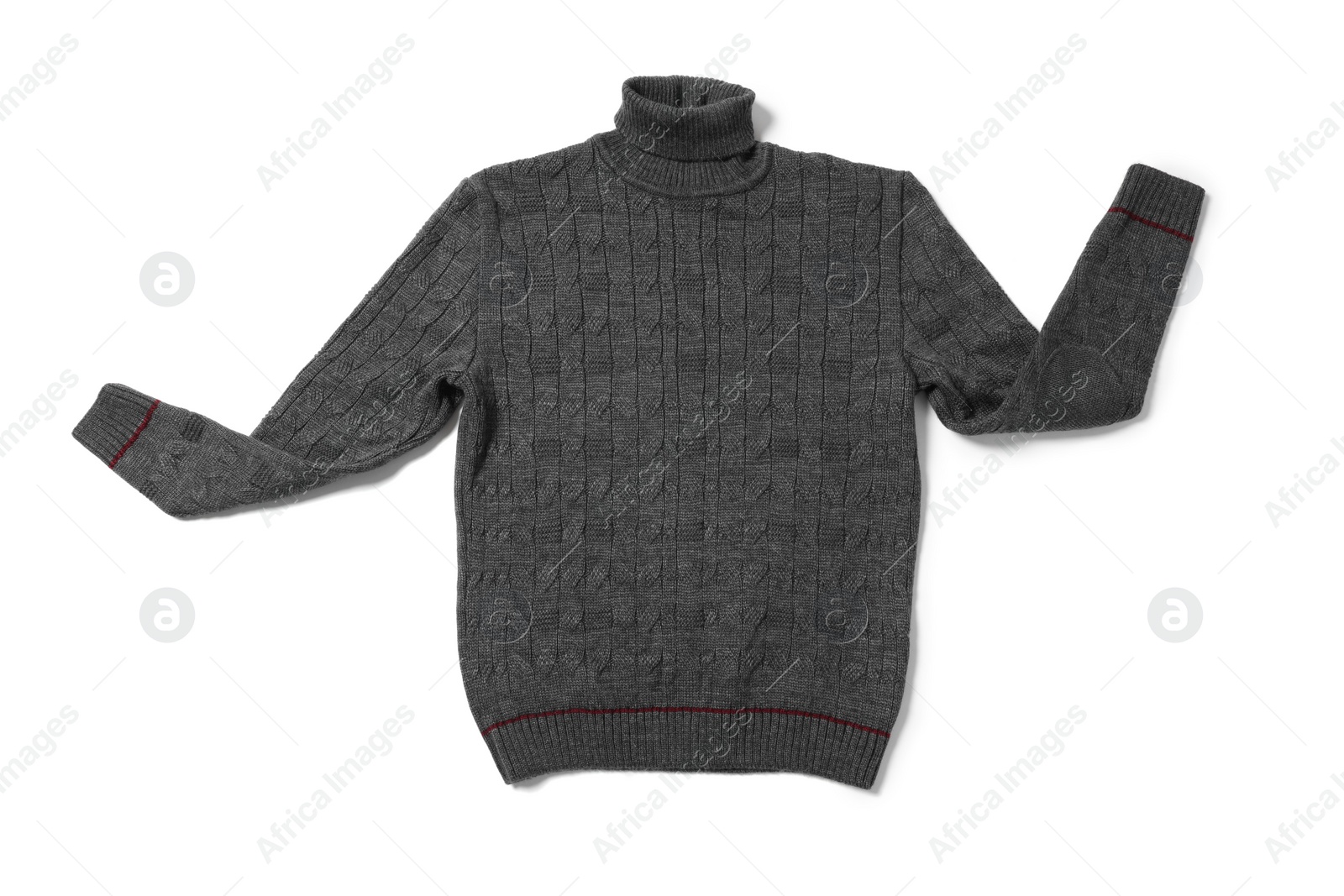 Photo of Stylish dark grey sweater isolated on white, top view