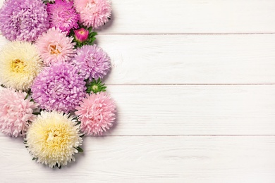 Photo of Beautiful aster flowers and space for text on wooden background, flat lay