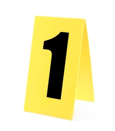 Yellow crime scene marker with number one on white background
