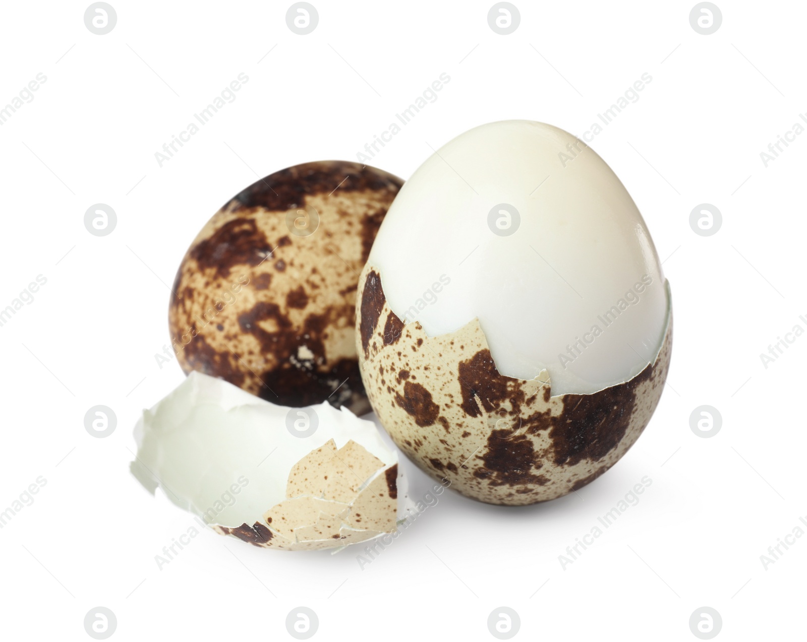 Photo of Boiled quail eggs and pieces of shell isolated on white