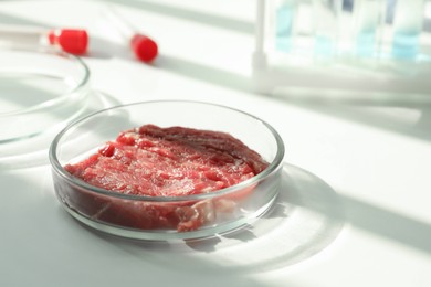 Photo of Petri dish with pieces of raw cultured meat on white table in laboratory, closeup