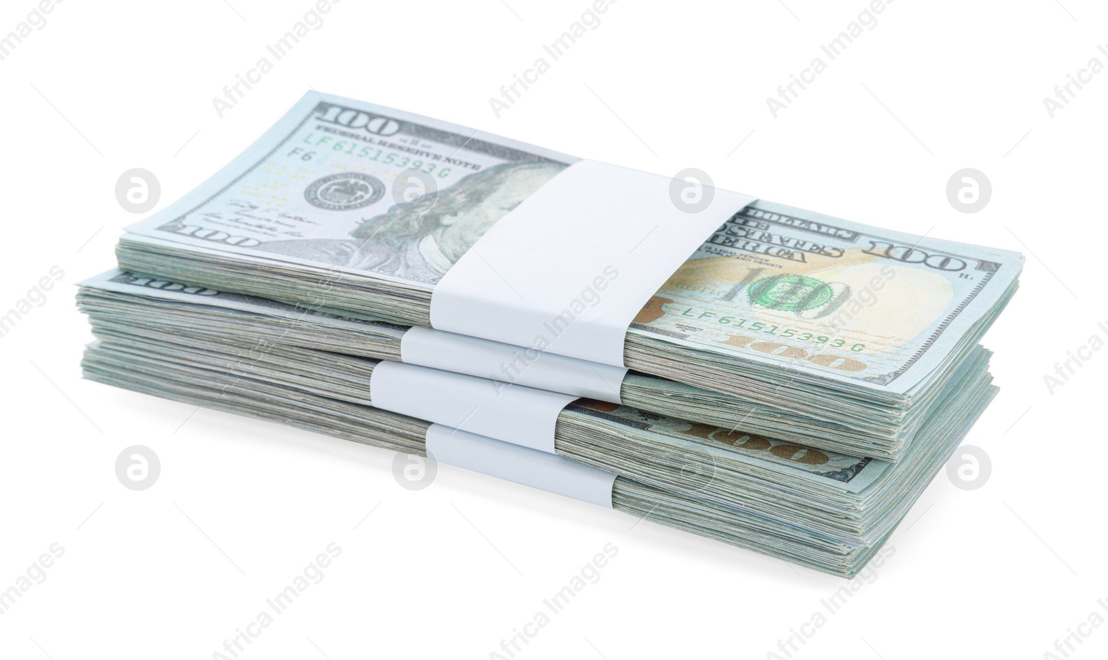 Photo of Bundles of dollar banknotes isolated on white. American national currency