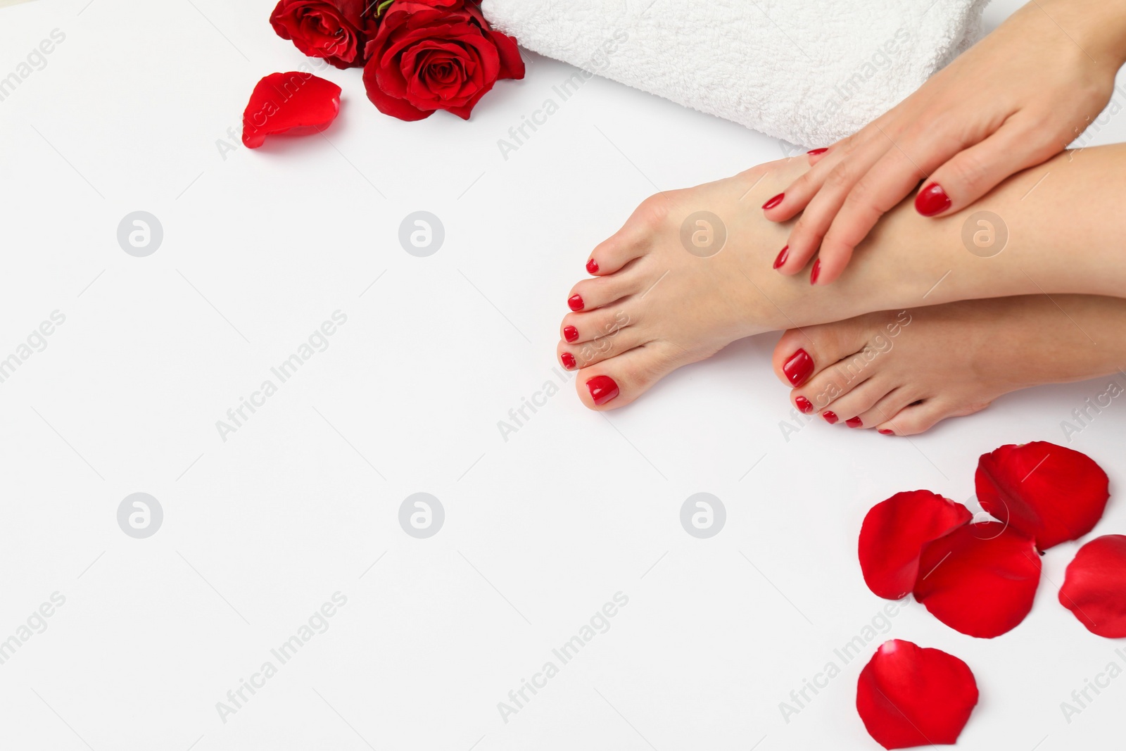 Photo of Woman with stylish red toenails after pedicure procedure and rose flowers on white background, top view. Space for text