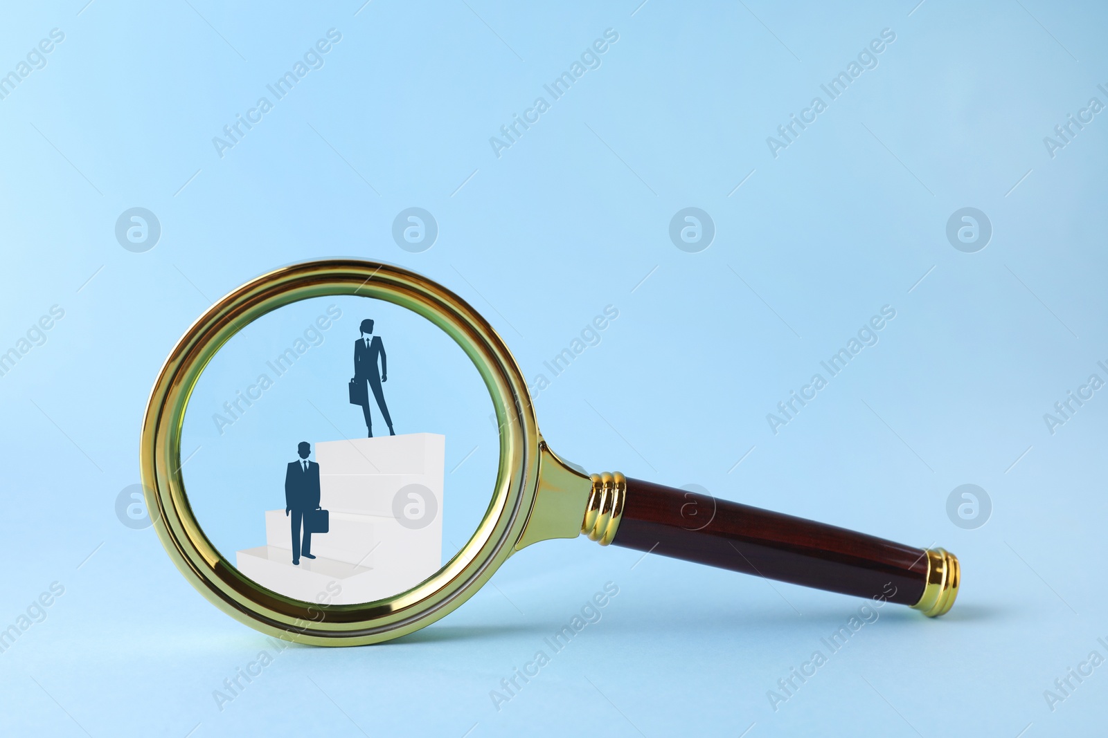 Image of Illustration of businesspeople on steps on light blue background, view through magnifier