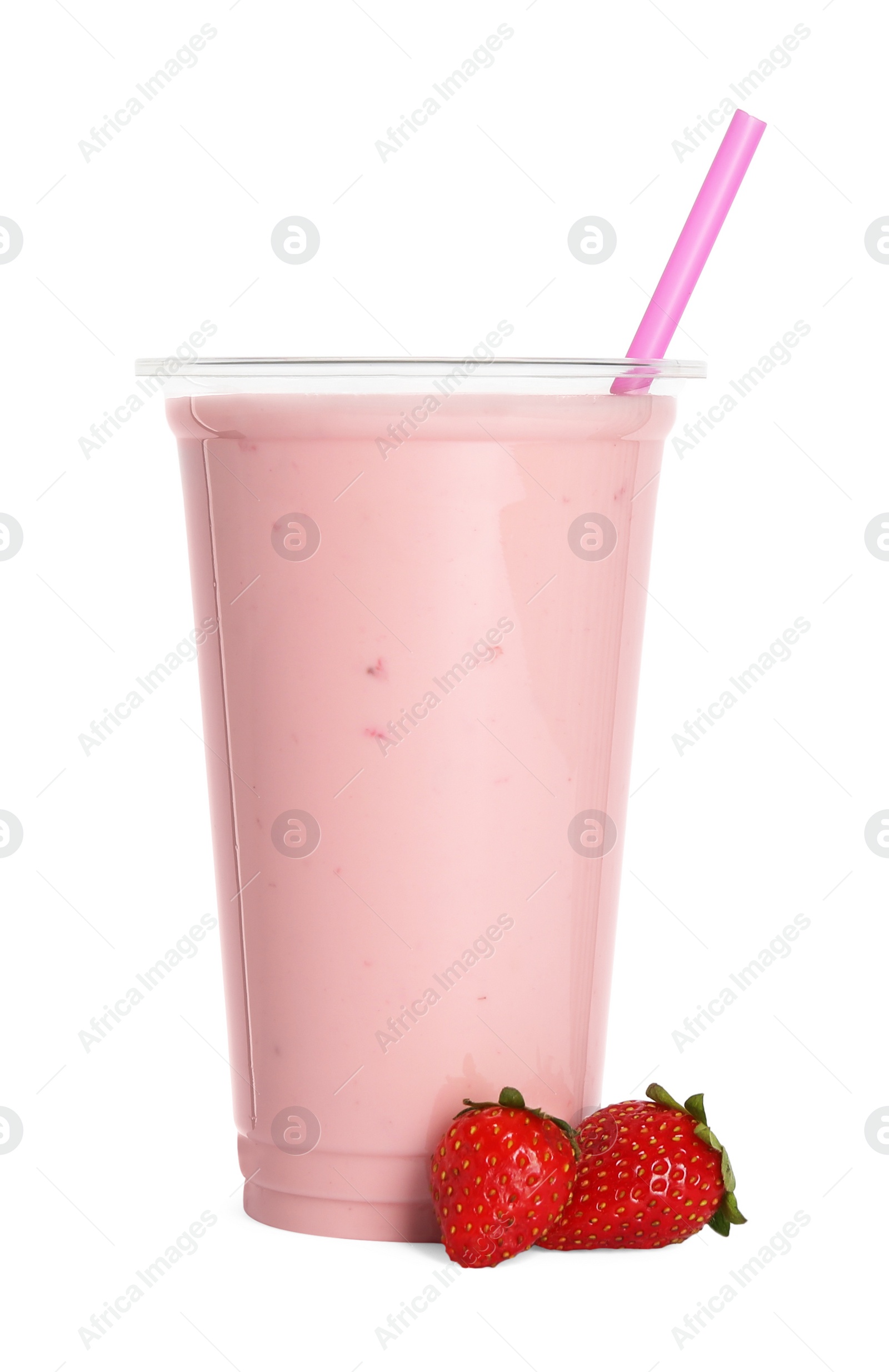 Photo of Plastic cup of tasty smoothie and fresh strawberries isolated on white