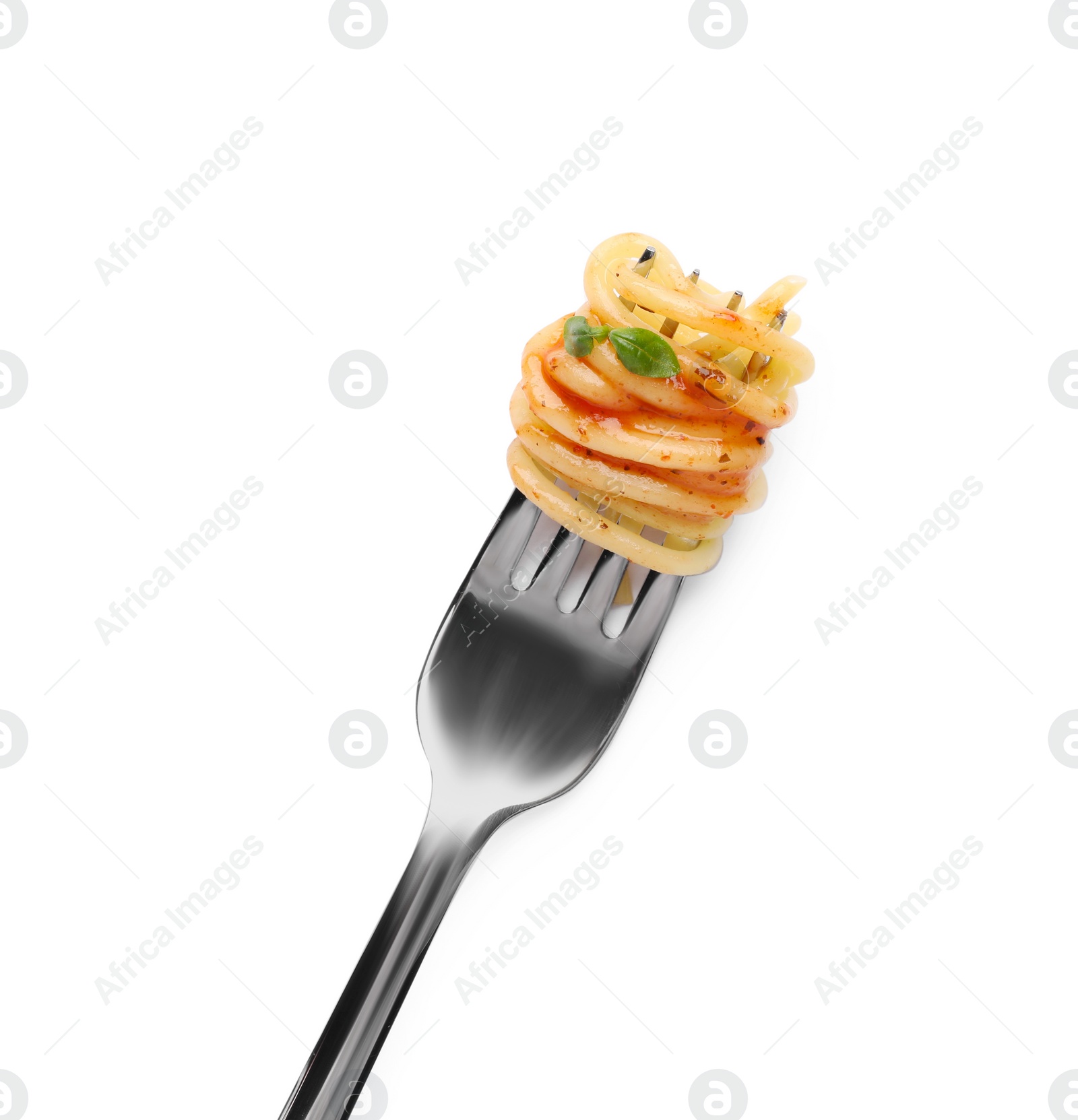 Photo of Fork with tasty pasta isolated on white, top view