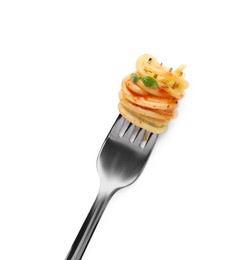 Fork with tasty pasta isolated on white, top view