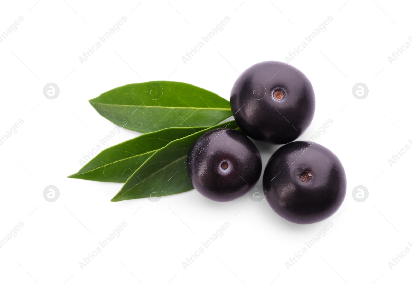 Photo of Fresh acai berries with leaves isolated on white, top view