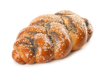 Photo of Sweet plaited challah on white background. Fresh bread