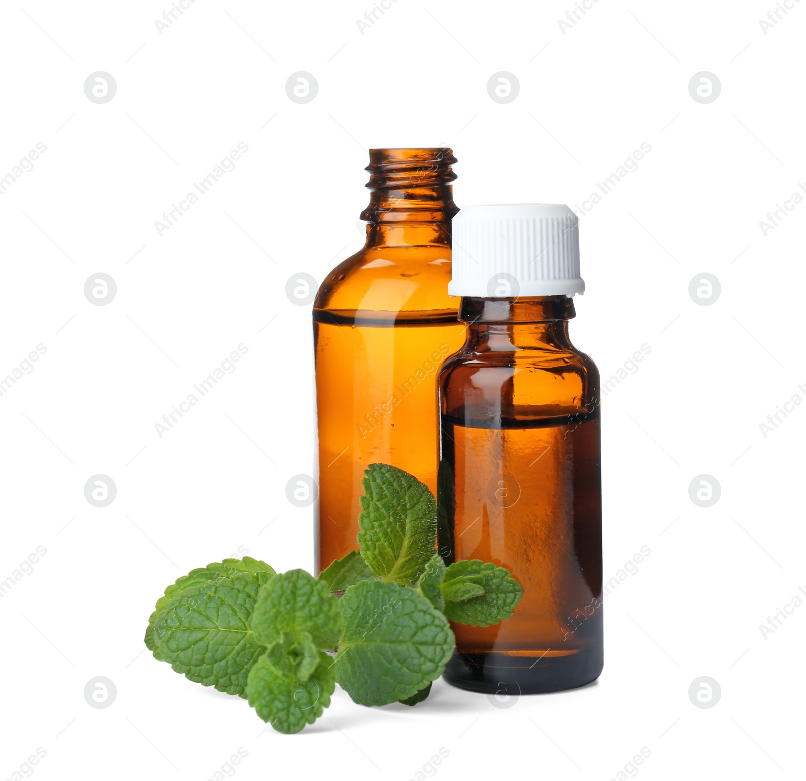 Photo of Bottles with mint essential oil and fresh herb on white background