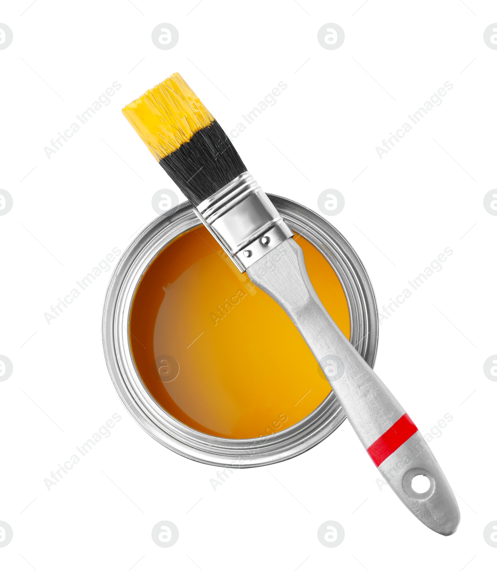 Photo of Paint can and brush on white background, top view