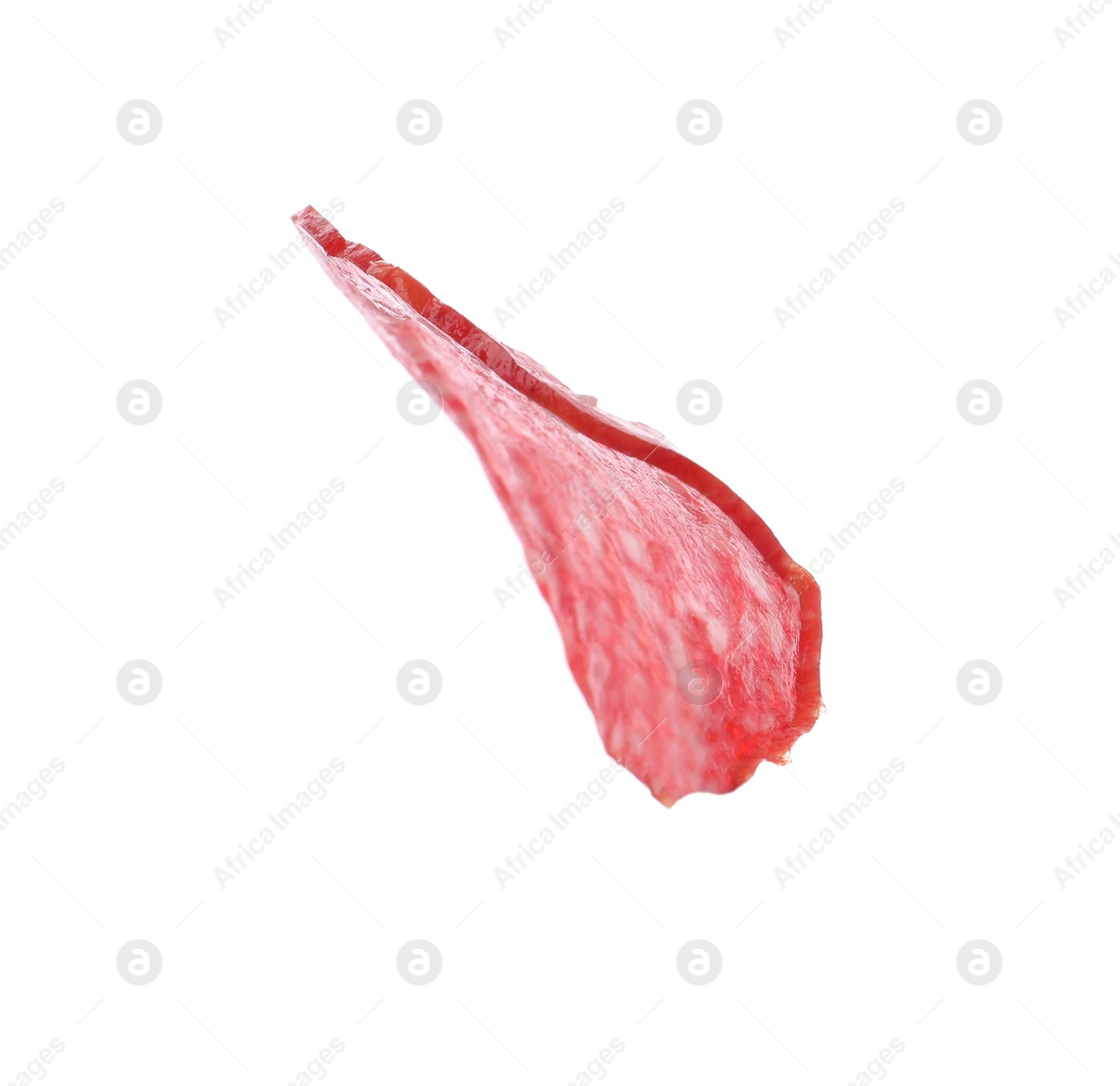 Photo of Slice of delicious sausage isolated on white