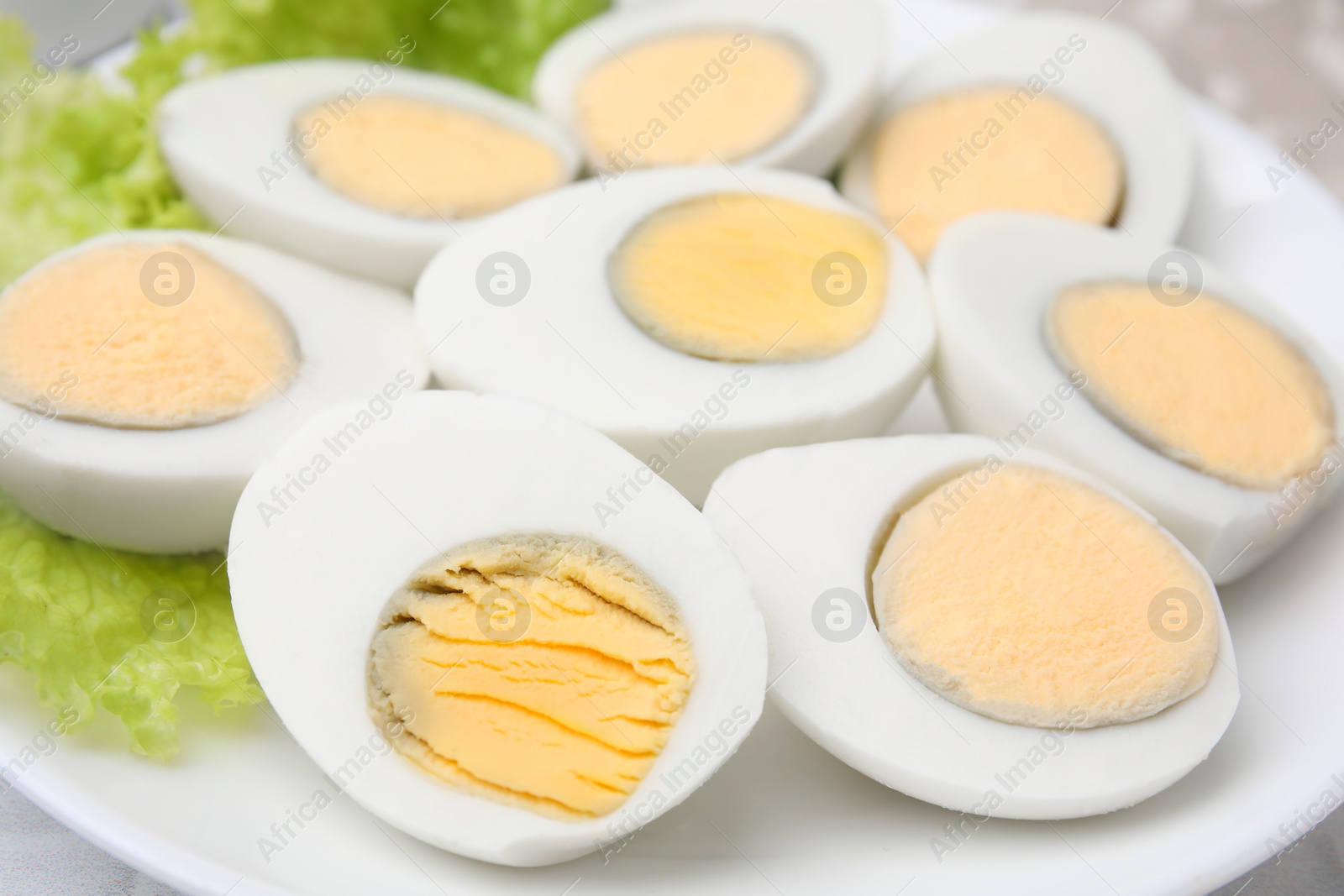 Photo of Fresh hard boiled eggs and lettuce on plate, closeup