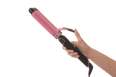 Photo of Woman holding modern triple curling iron on white background, closeup