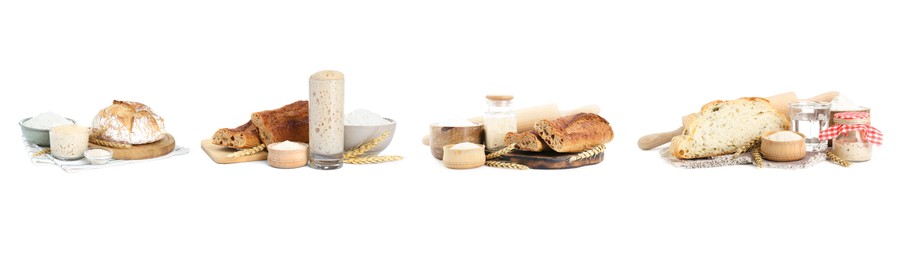 Image of Collage with sourdough starter and different freshly baked bread isolated on white. Leavening agent