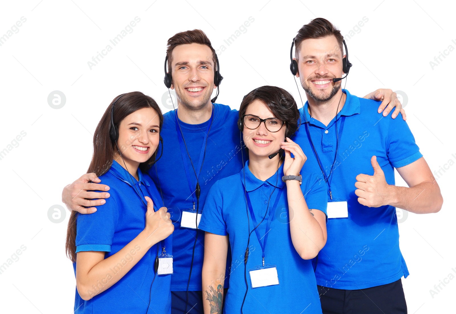 Photo of Technical support operators with headsets on white background