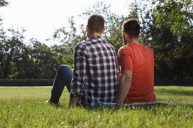 Photo of Gay couple sitting on green grass in park, back view