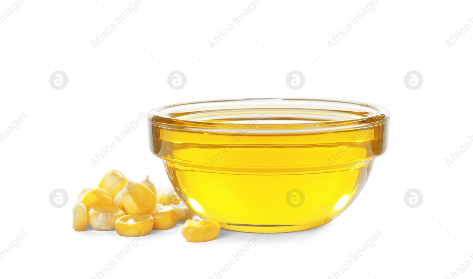 Photo of Bowl with fresh corn oil and kernels on white background