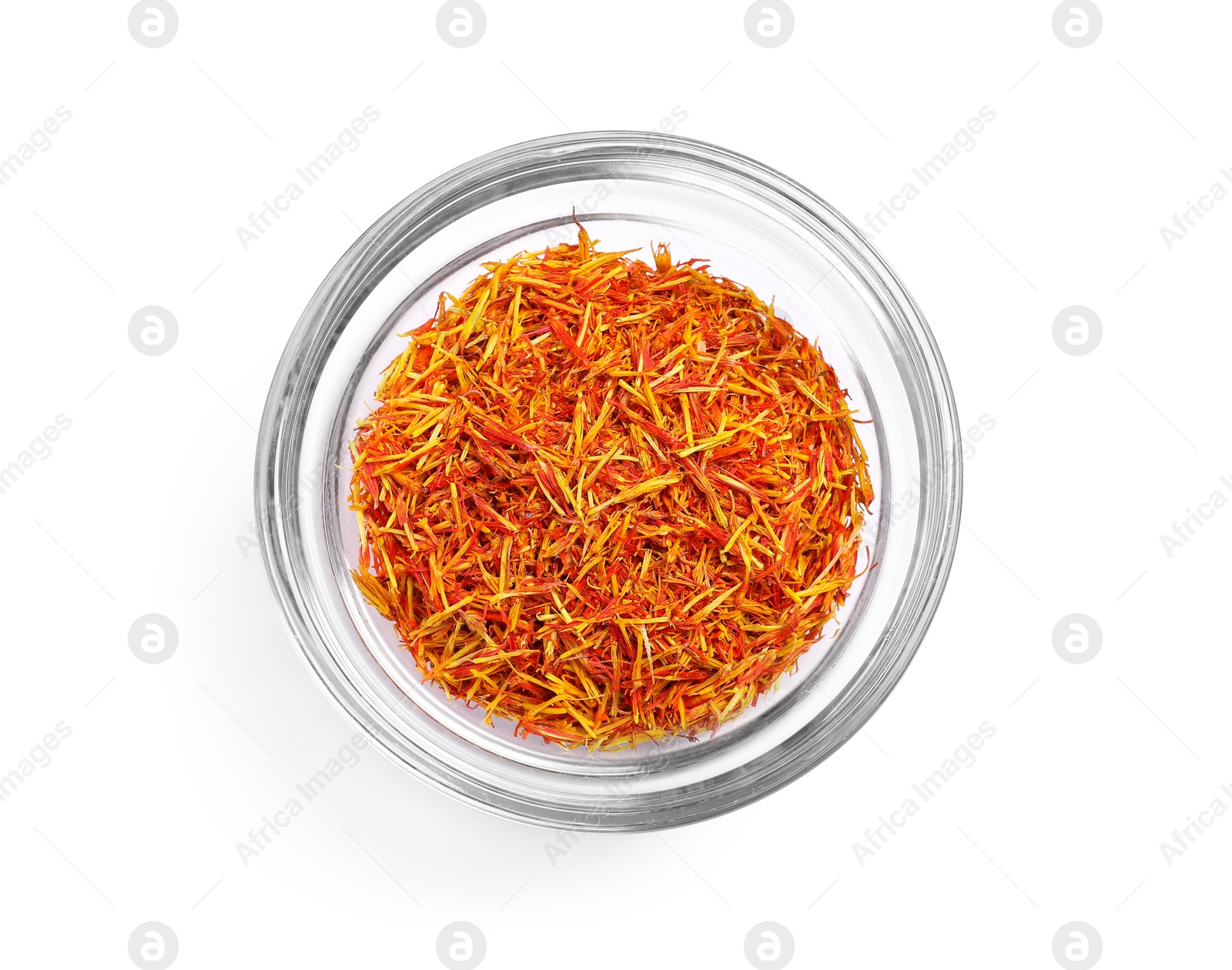 Photo of Aromatic saffron in bowl isolated on white, top view