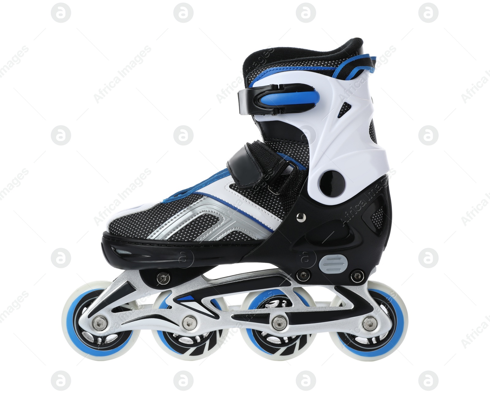 Photo of Modern inline roller skate on white background