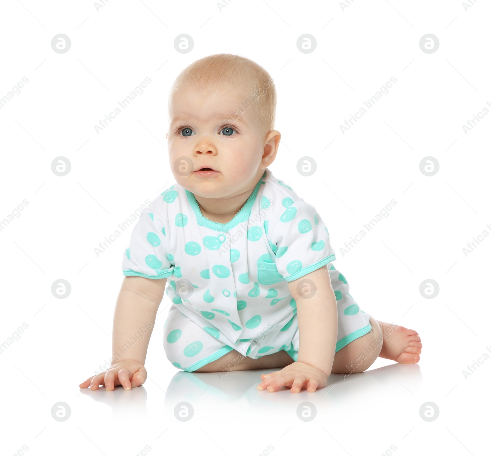 Photo of Cute little baby crawling on white background