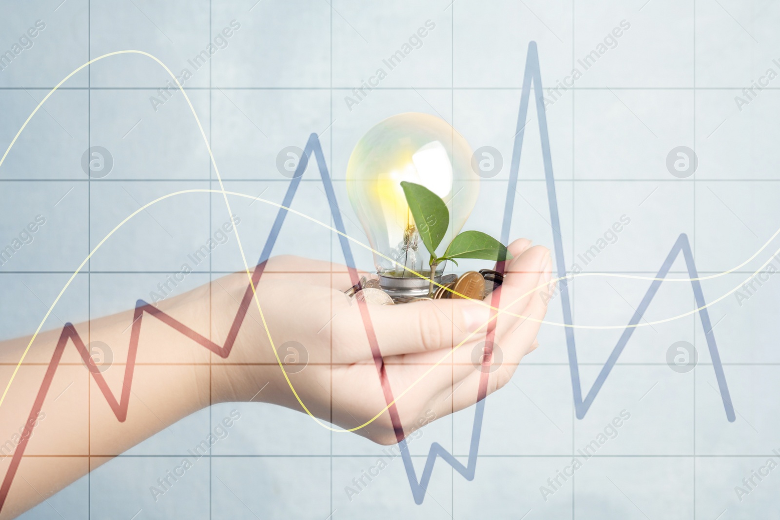 Image of Woman with coins, light bulb and green plant on light background, closeup. Energy saving