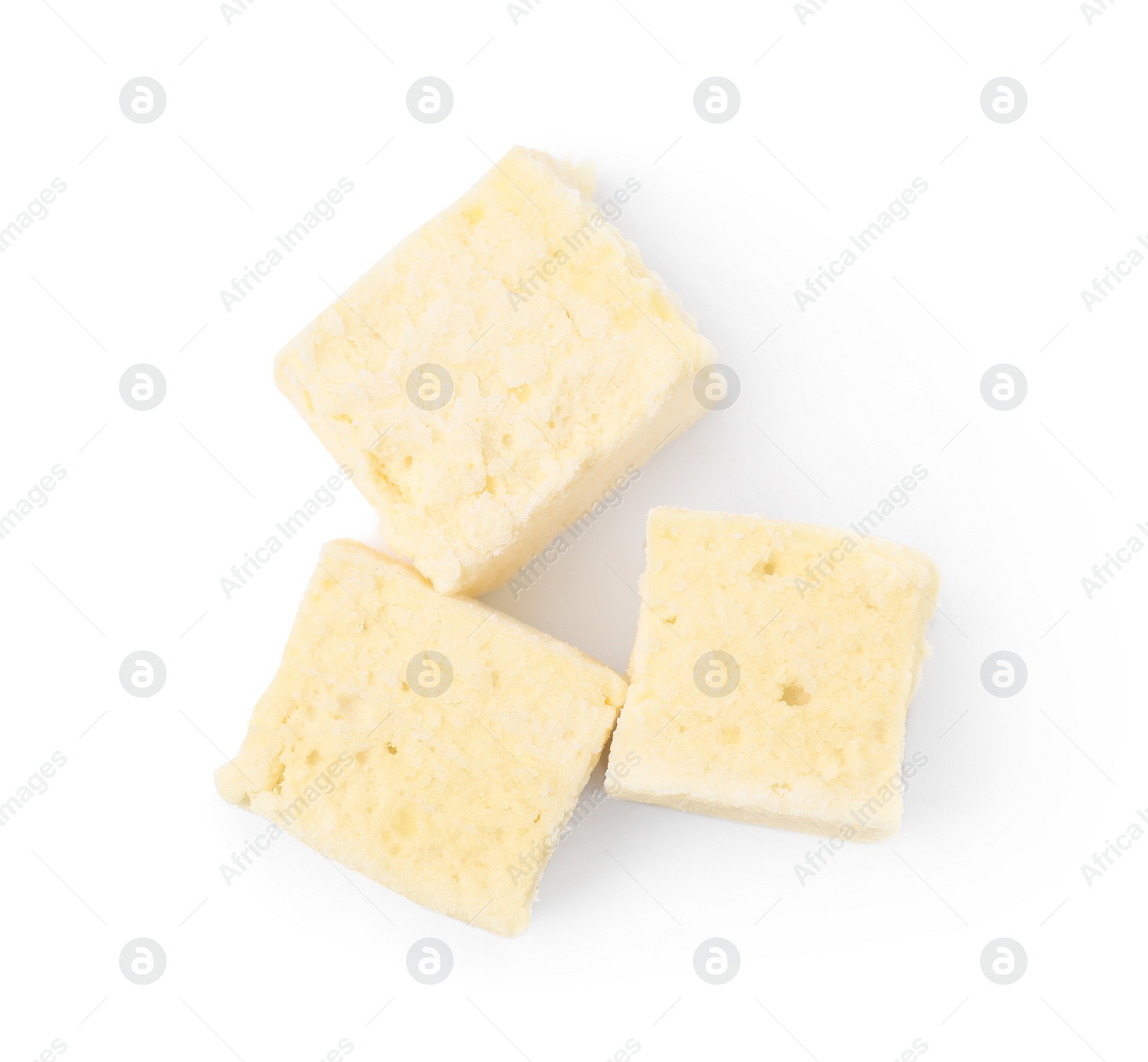 Photo of Delicious sweet puffy marshmallows on white background, top view