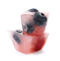 Ice cubes with berries on white background