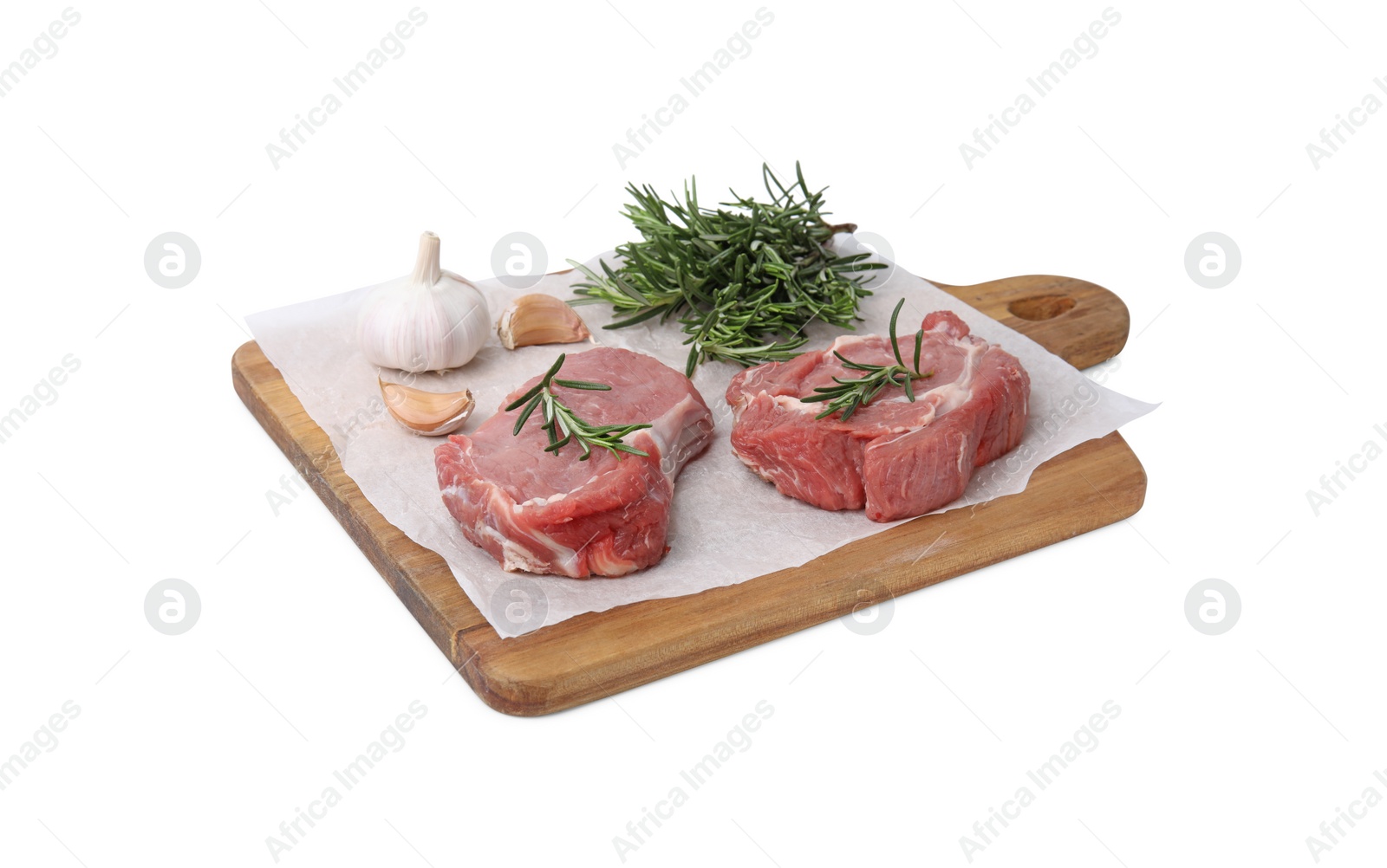 Photo of Fresh raw meat with rosemary and spices isolated on white