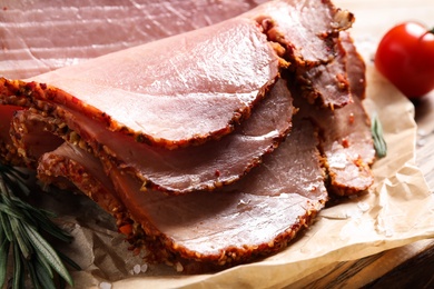 Photo of Delicious ham on board, closeup. Christmas dinner
