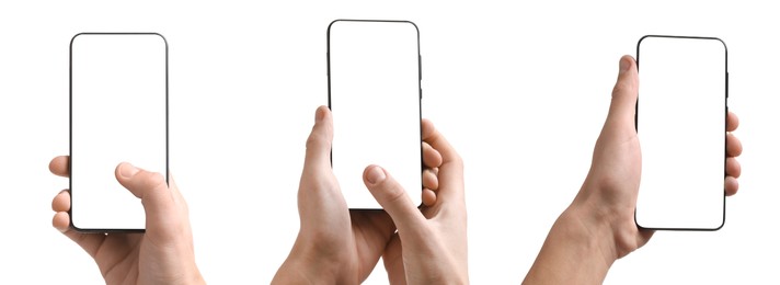 Image of Man holding phone with blank screen on white background, closeup. Set of photos