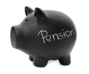 Photo of Black piggy bank with word PENSION on white background