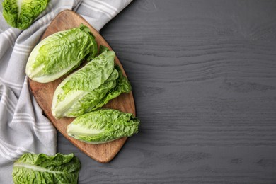 Photo of Fresh green romaine lettuces on grey wooden table, flat lay. Space for text