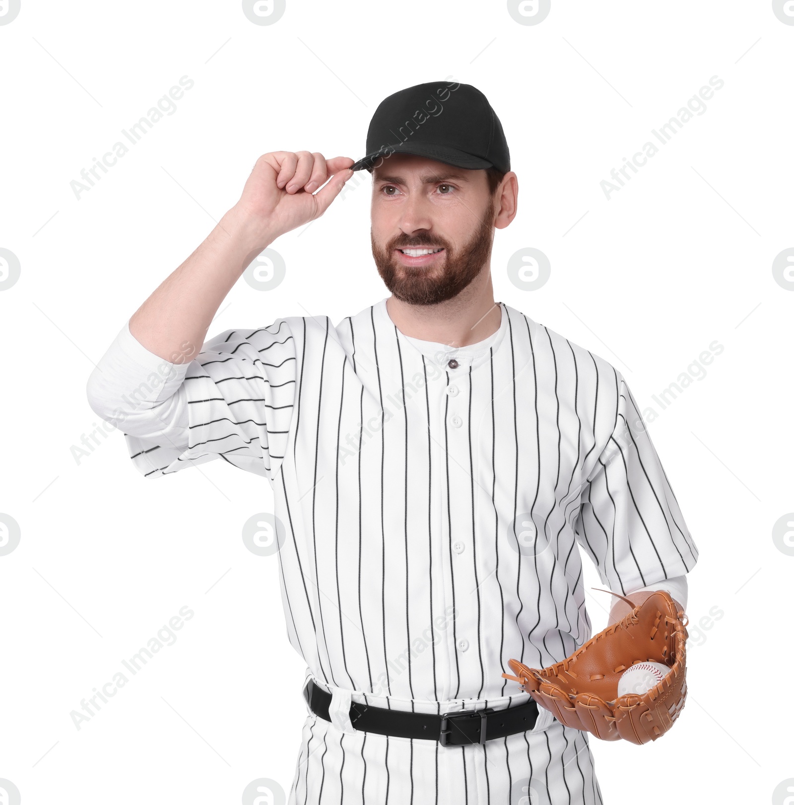 Photo of Baseball player with leather glove and ball on white background