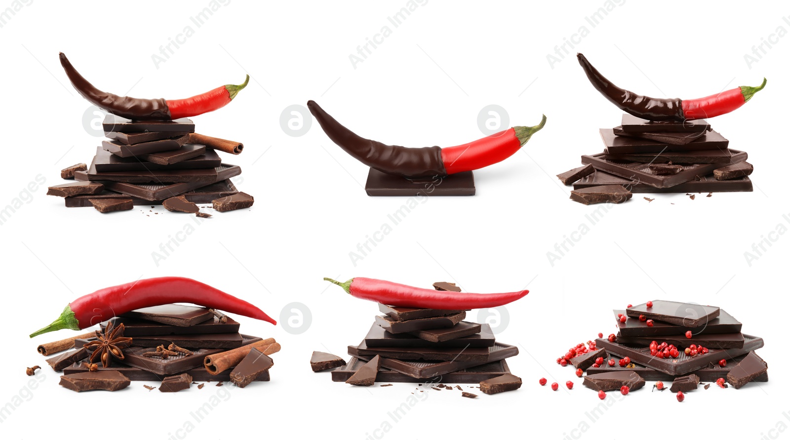 Image of Collage with delicious chocolate, red peppercorns and chili peppers on white background