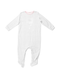 Photo of Cute baby bodysuit isolated on white, top view