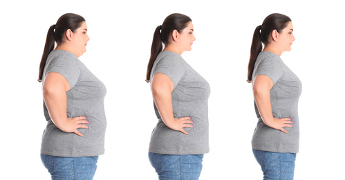 Image of Collage with photos of overweight woman before and after weight loss on white background