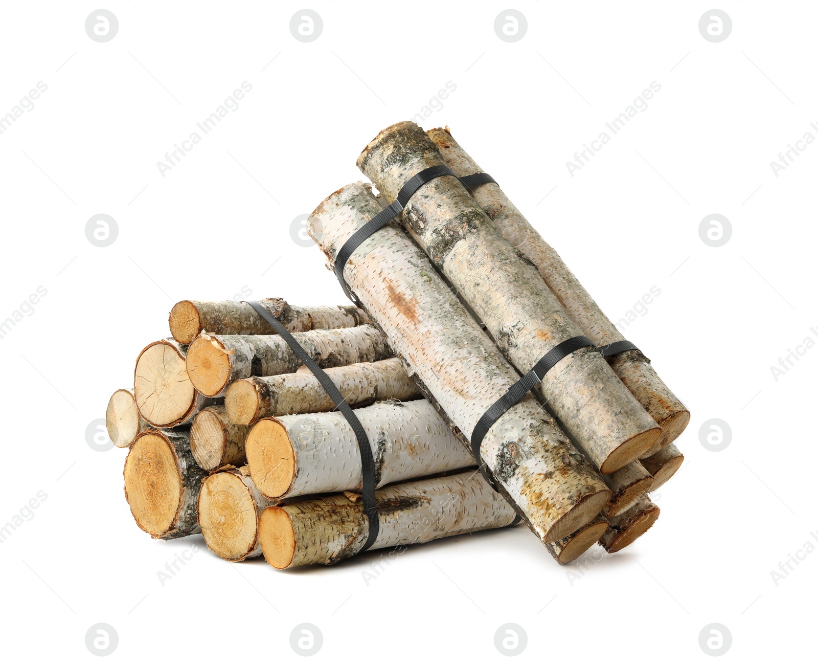 Photo of Bunches of cut firewood isolated on white