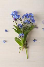 Photo of Beautiful blue forget-me-not flowers on white wooden table, top view
